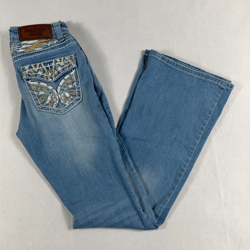 Westfield Eagle Flare Jeans Embellished Rhinestone Sequin Wings Size‎ 3 Blue